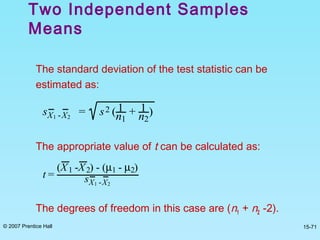 © 2007 Prentice Hall 15-71
The standard deviation of the test statistic can be
estimated as:
The appropriate value of t can be calculated as:
The degrees of freedom in this case are (n1 + n2 -2).
Two Independent Samples
Means
sX1 -X2
= s2 ( 1
n1
+ 1
n2
)
t =
(X1 -X2) - (µ1 - µ2)
sX1 -X2
 