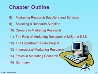 1-3© 2007 Prentice Hall
Chapter Outline
8) Marketing Research Suppliers and Services
9) Selecting a Research Supplier
10) Careers in Marketing Research
11) The Role of Marketing Research in MIS and DSS
12) The Department Store Project
13) International Marketing Research
14) Ethics in Marketing Research
15) Summary
 