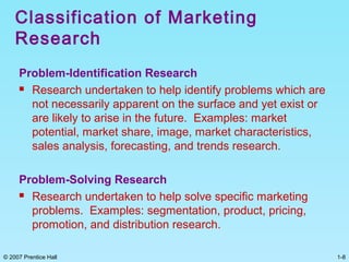 1-8© 2007 Prentice Hall
Classification of Marketing
Research
Problem-Identification Research
 Research undertaken to help identify problems which are
not necessarily apparent on the surface and yet exist or
are likely to arise in the future. Examples: market
potential, market share, image, market characteristics,
sales analysis, forecasting, and trends research.
Problem-Solving Research
 Research undertaken to help solve specific marketing
problems. Examples: segmentation, product, pricing,
promotion, and distribution research.
 