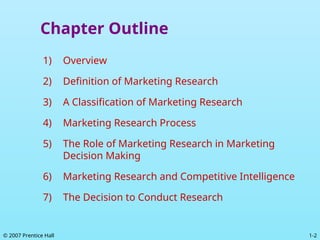 1-2
© 2007 Prentice Hall
Chapter Outline
1) Overview
2) Definition of Marketing Research
3) A Classification of Marketing Research
4) Marketing Research Process
5) The Role of Marketing Research in Marketing
Decision Making
6) Marketing Research and Competitive Intelligence
7) The Decision to Conduct Research
 