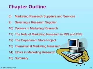 1-3
© 2007 Prentice Hall
Chapter Outline
8) Marketing Research Suppliers and Services
9) Selecting a Research Supplier
10) Careers in Marketing Research
11) The Role of Marketing Research in MIS and DSS
12) The Department Store Project
13) International Marketing Research
14) Ethics in Marketing Research
15) Summary
 