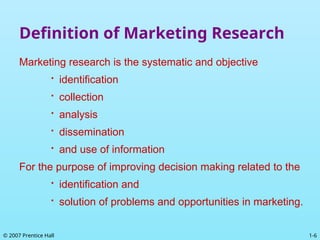 1-6
© 2007 Prentice Hall
Definition of Marketing Research
Marketing research is the systematic and objective

identification

collection

analysis

dissemination

and use of information
For the purpose of improving decision making related to the

identification and

solution of problems and opportunities in marketing.
 