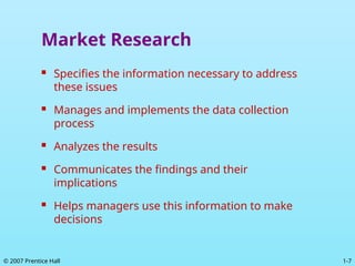 1-7
© 2007 Prentice Hall
Market Research
 Specifies the information necessary to address
these issues
 Manages and implements the data collection
process
 Analyzes the results
 Communicates the findings and their
implications
 Helps managers use this information to make
decisions
 