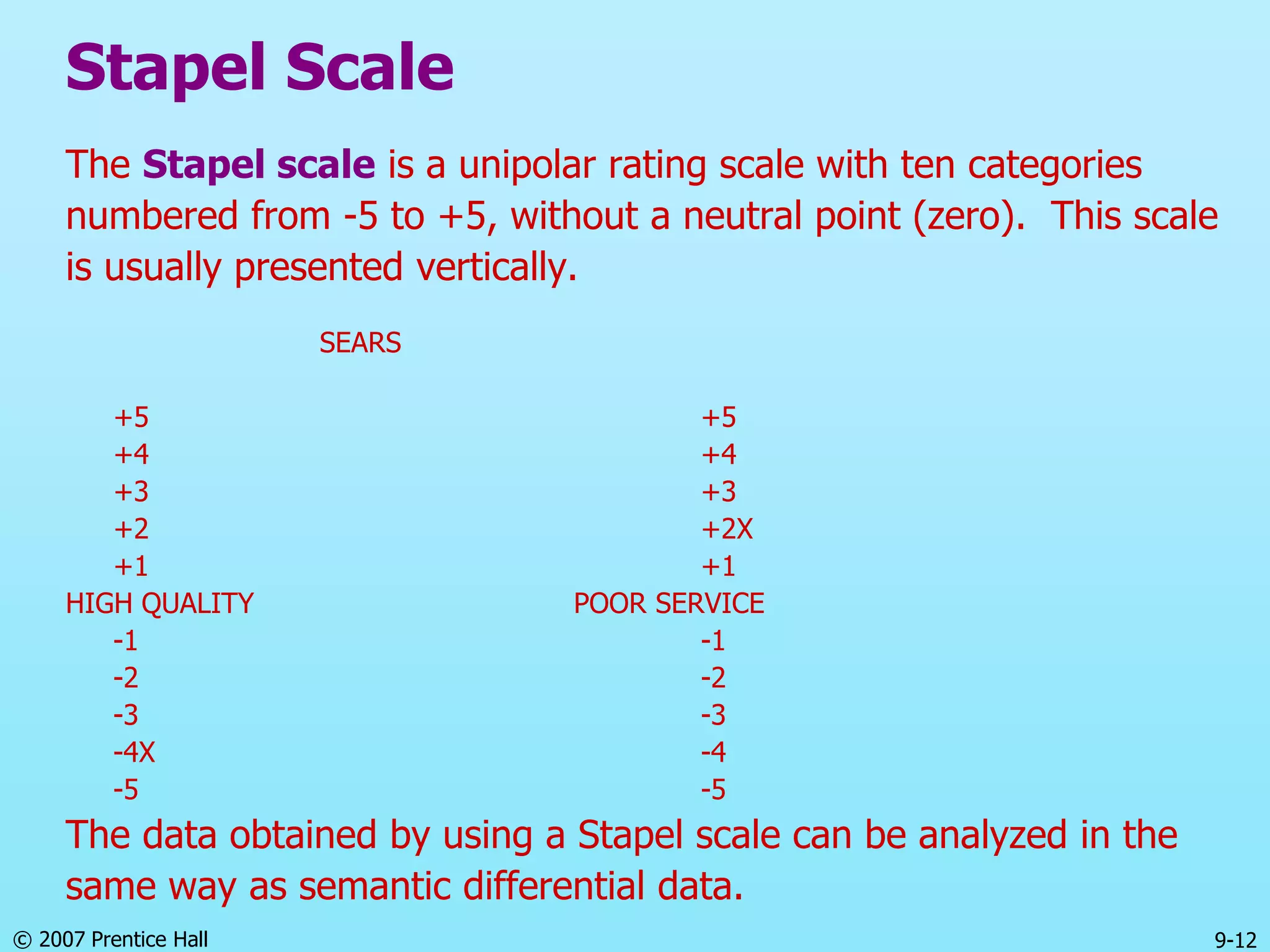 © 2007 Prentice Hall 9-12
Stapel Scale
The Stapel scale is a unipolar rating scale with ten categories
numbered from -5 to +5, without a neutral point (zero). This scale
is usually presented vertically.
SEARS
+5 +5
+4 +4
+3 +3
+2 +2X
+1 +1
HIGH QUALITY POOR SERVICE
-1 -1
-2 -2
-3 -3
-4X -4
-5 -5
The data obtained by using a Stapel scale can be analyzed in the
same way as semantic differential data.
 