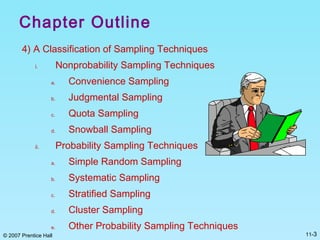 © 2007 Prentice Hall 11-3
Chapter Outline
4) A Classification of Sampling Techniques
i. Nonprobability Sampling Techniques
a. Convenience Sampling
b. Judgmental Sampling
c. Quota Sampling
d. Snowball Sampling
ii. Probability Sampling Techniques
a. Simple Random Sampling
b. Systematic Sampling
c. Stratified Sampling
d. Cluster Sampling
e. Other Probability Sampling Techniques
 
