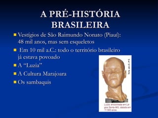 A PRÉ-HISTÓRIA BRASILEIRA Vestígios de São Raimundo Nonato (Piauí): 48 mil anos, mas sem esqueletos Em 10 mil a.C.: todo o território brasileiro já estava povoado A “Luzia” A Cultura Marajoara Os sambaquis 