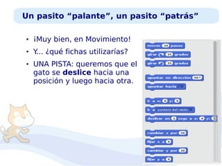 Un pasito “palante”, un pasito “patrás”
●

¡Muy bien, en Movimiento!

●

Y ¿qué fichas utilizarías?
...

●

UNA PISTA: queremos que el
gato se deslice hacia una
posición y luego hacia otra.

 