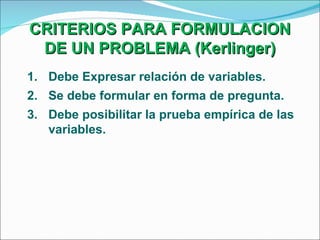 CRITERIOS PARA FORMULACION DE UN PROBLEMA (Kerlinger) Debe Expresar relación de variables. Se debe formular en forma de pregunta. Debe posibilitar la prueba empírica de las variables.  