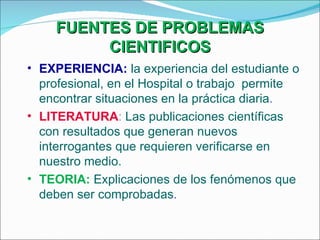 FUENTES DE PROBLEMAS CIENTIFICOS EXPERIENCIA:   la experiencia del estudiante o profesional, en el Hospital o trabajo  permite encontrar situaciones en la práctica diaria . LITERATURA :  Las publicaciones científicas con resultados que generan nuevos interrogantes que requieren verificarse en nuestro medio. TEORIA:   Explicaciones de los fenómenos que deben ser comprobadas . 