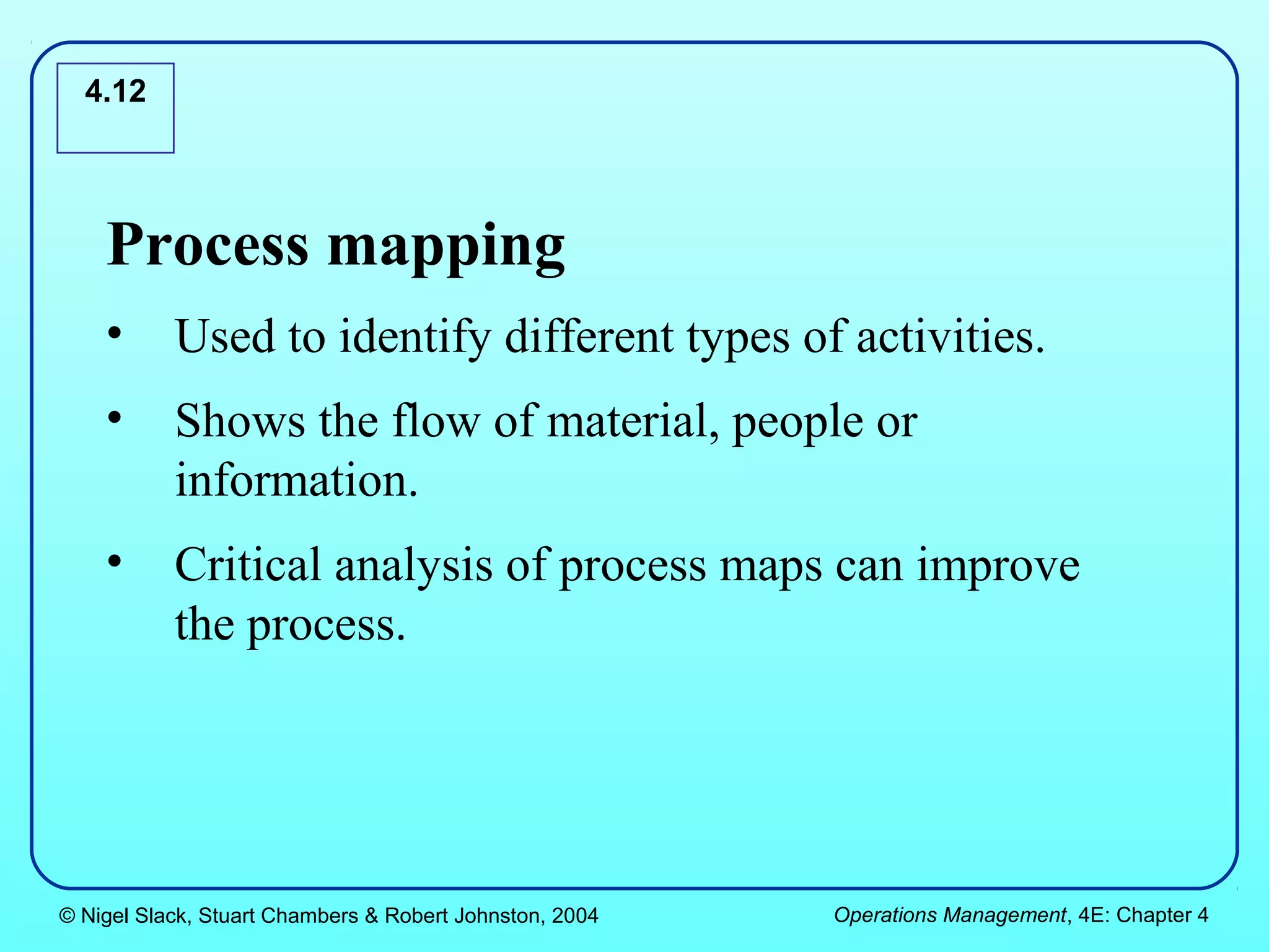 4.12




    Process mapping
    •      Used to identify different types of activities.
    •      Shows the flow of material, people or
           information.
    •      Critical analysis of process maps can improve
           the process.




© Nigel Slack, Stuart Chambers & Robert Johnston, 2004   Operations Management, 4E: Chapter 4
 