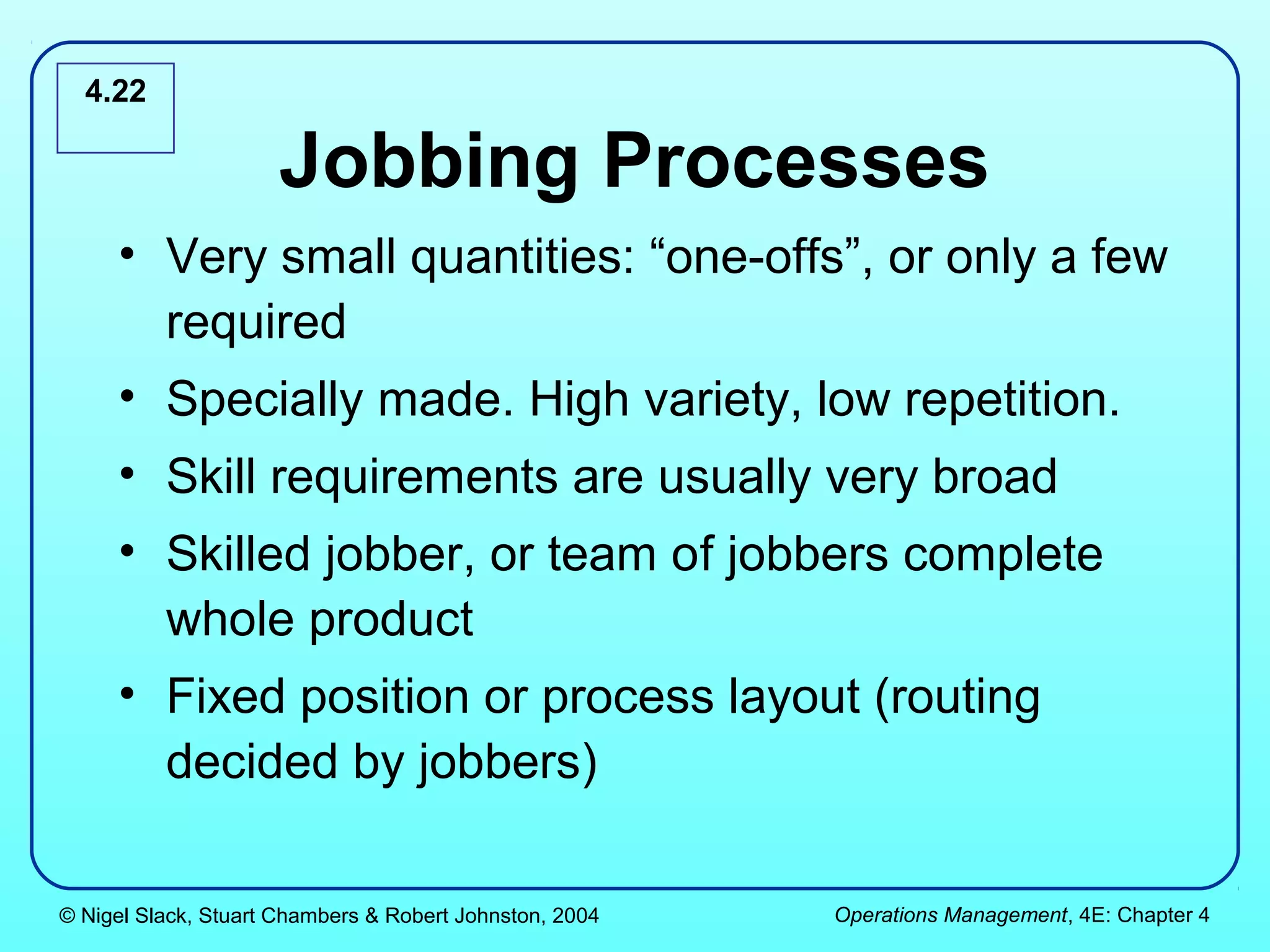 4.22

                     Jobbing Processes
     • Very small quantities: “one-offs”, or only a few
       required
     • Specially made. High variety, low repetition.
     • Skill requirements are usually very broad
     • Skilled jobber, or team of jobbers complete
       whole product
     • Fixed position or process layout (routing
       decided by jobbers)

© Nigel Slack, Stuart Chambers & Robert Johnston, 2004   Operations Management, 4E: Chapter 4
 
