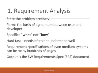 1. Requirement Analysis
State the problem precisely!
Forms the basis of agreement between user and
developer
Specifies “what” not “how”
Hard task - needs often not understood well
Requirement specifications of even medium systems
can be many hundreds of pages
Output is the SW Requirements Spec (SRS) document
SOFTWARE PROCESS 14
 