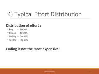 4) Typical Effort Distribution
Distribution of effort :
◦ Req. - 10-20%
◦ Design - 10-20%
◦ Coding - 20-30%
◦ Testing - 30-50%
Coding is not the most expensive!
SOFTWARE PROCESS 19
 
