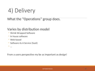 4) Delivery
What the “Operations” group does.
Varies by distribution model
◦ Shrink Wrapped Software
◦ In house software
◦ Web-based
◦ Software As A Service (SaaS)
◦ …
From a users perspective my be as important as design!
SOFTWARE PROCESS 22
 