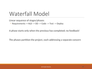 Waterfall Model
Linear sequence of stages/phases
◦ Requirements -> HLD –> DD –> Code –> Test –> Deploy
A phase starts only when the previous has completed; no feedback!
The phases partition the project, each addressing a separate concern
SOFTWARE PROCESS 26
 