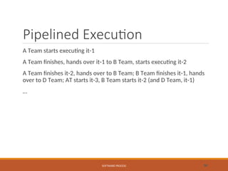 Pipelined Execution
A Team starts executing it-1
A Team finishes, hands over it-1 to B Team, starts executing it-2
A Team finishes it-2, hands over to B Team; B Team finishes it-1, hands
over to D Team; AT starts it-3, B Team starts it-2 (and D Team, it-1)
…
SOFTWARE PROCESS 50
 