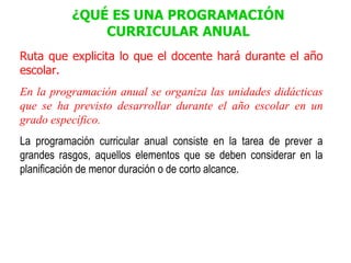 ¿QUÉ ES UNA PROGRAMACIÓN CURRICULAR ANUAL Ruta que explicita lo que el docente hará durante el año escolar. En la programación anual se organiza las unidades didácticas que se ha previsto desarrollar durante el año escolar en un grado específico. La programación curricular anual consiste en la tarea de prever a grandes rasgos, aquellos elementos que se deben considerar en la planificación de menor duración o de corto alcance. 