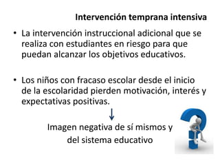 Intervención temprana intensiva
• La intervención instruccional adicional que se
realiza con estudiantes en riesgo para que
puedan alcanzar los objetivos educativos.
• Los niños con fracaso escolar desde el inicio
de la escolaridad pierden motivación, interés y
expectativas positivas.
Imagen negativa de sí mismos y
del sistema educativo
 