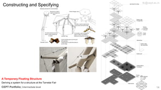 Constructing and Specifying
A Temporary Floating Structure
Deriving a system for a structure at the Tarnetar Fair
CEPT Portfolio; Intermediate level
tlc@cept.ac.in
14
 