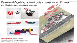 Stage-Craft Street; Vadodara, Gujarat
A street unifies the city by reviving its culture of theater
CEPT Portfolio; Diploma project, Level 3
Planning and Organizing : Ability to logically and analytically plan or organize
activities in layouts, spaces and structures
tlc@cept.ac.in
15
 