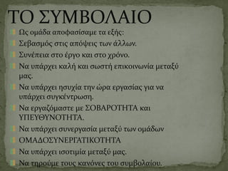ΤΟ ΣΥΜΒΟΛΑΙΟ
Ως ομάδα αποφασίσαμε τα εξής:
Σεβασμός στις απόψεις των άλλων.
Συνέπεια στο έργο και στο χρόνο.
Να υπάρχει καλή και σωστή επικοινωνία μεταξύ
μας.
Να υπάρχει ησυχία την ώρα εργασίας για να
υπάρχει συγκέντρωση.
Να εργαζόμαστε με ΣΟΒΑΡΟΤΗΤΑ και
ΥΠΕΥΘΥΝΟΤΗΤΑ.
Να υπάρχει συνεργασία μεταξύ των ομάδων
ΟΜΑΔΟΣΥΝΕΡΓΑΤΙΚΟΤΗΤΑ
Να υπάρχει ισοτιμία μεταξύ μας.
Να τηρούμε τους κανόνες του συμβολαίου.
 