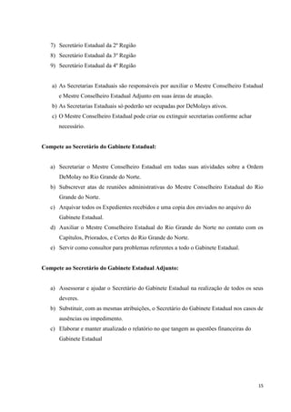 7) Secretário Estadual da 2º Região
   8) Secretário Estadual da 3º Região
   9) Secretário Estadual da 4º Região


   a) As Secretarias Estaduais são responsáveis por auxiliar o Mestre Conselheiro Estadual
      e Mestre Conselheiro Estadual Adjunto em suas áreas de atuação.
   b) As Secretarias Estaduais só poderão ser ocupadas por DeMolays ativos.
   c) O Mestre Conselheiro Estadual pode criar ou extinguir secretarias conforme achar
      necessário.


Compete ao Secretário do Gabinete Estadual:


   a) Secretariar o Mestre Conselheiro Estadual em todas suas atividades sobre a Ordem
      DeMolay no Rio Grande do Norte.
   b) Subscrever atas de reuniões administrativas do Mestre Conselheiro Estadual do Rio
      Grande do Norte.
   c) Arquivar todos os Expedientes recebidos e uma copia dos enviados no arquivo do
      Gabinete Estadual.
   d) Auxiliar o Mestre Conselheiro Estadual do Rio Grande do Norte no contato com os
      Capítulos, Priorados, e Cortes do Rio Grande do Norte.
   e) Servir como consultor para problemas referentes a todo o Gabinete Estadual.


Compete ao Secretário do Gabinete Estadual Adjunto:


   a) Assessorar e ajudar o Secretário do Gabinete Estadual na realização de todos os seus
      deveres.
   b) Substituir, com as mesmas atribuições, o Secretário do Gabinete Estadual nos casos de
      ausências ou impedimento.
   c) Elaborar e manter atualizado o relatório no que tangem as questões financeiras do
      Gabinete Estadual




                                                                                          15
 
