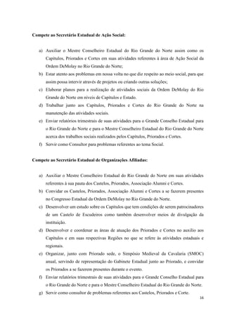 Compete ao Secretário Estadual de Ação Social:


   a) Auxiliar o Mestre Conselheiro Estadual do Rio Grande do Norte assim como os
      Capítulos, Priorados e Cortes em suas atividades referentes à área de Ação Social da
      Ordem DeMolay no Rio Grande do Norte;
   b) Estar atento aos problemas em nossa volta no que diz respeito ao meio social, para que
      assim possa intervir através de projetos ou criando outras soluções;
   c) Elaborar planos para a realização de atividades sociais da Ordem DeMolay do Rio
      Grande do Norte em níveis de Capítulos e Estado.
   d) Trabalhar junto aos Capítulos, Priorados e Cortes do Rio Grande do Norte na
      manutenção das atividades sociais.
   e) Enviar relatórios trimestrais de suas atividades para o Grande Conselho Estadual para
      o Rio Grande do Norte e para o Mestre Conselheiro Estadual do Rio Grande do Norte
      acerca dos trabalhos sociais realizados pelos Capítulos, Priorados e Cortes.
   f) Servir como Consultor para problemas referentes ao tema Social.


Compete ao Secretário Estadual de Organizações Afiliadas:


   a) Auxiliar o Mestre Conselheiro Estadual do Rio Grande do Norte em suas atividades
      referentes à sua pauta dos Castelos, Priorados, Associação Alumni e Cortes.
   b) Convidar os Castelos, Priorados, Associação Alumni e Cortes a se fazerem presentes
      no Congresso Estadual da Ordem DeMolay no Rio Grande do Norte.
   c) Desenvolver um estudo sobre os Capítulos que tem condições de serem patrocinadores
      de um Castelo de Escudeiros como também desenvolver meios de divulgação da
      instituição.
   d) Desenvolver e coordenar as áreas de atuação dos Priorados e Cortes no auxilio aos
      Capítulos e em suas respectivas Regiões no que se refere às atividades estaduais e
      regionais.
   e) Organizar, junto com Priorado sede, o Simpósio Medieval da Cavalaria (SMOC)
      anual, servindo de representação do Gabinete Estadual junto ao Priorado, e convidar
      os Priorados a se fazerem presentes durante o evento.
   f) Enviar relatórios trimestrais de suas atividades para o Grande Conselho Estadual para
      o Rio Grande do Norte e para o Mestre Conselheiro Estadual do Rio Grande do Norte.
   g) Servir como consultor de problemas referentes aos Castelos, Priorados e Corte.
                                                                                          16
 