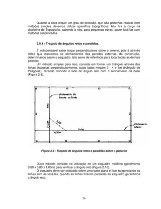 24
Quando a obra requer um grau de precisão, que não podemos realizar com
métodos simples devemos utilizar aparelhos topográficos. Isto fica a cargo da
disciplina de Topografia, cabendo a nós, para pequenas obras, saber locá-las com
métodos simplificados.
2.5.1 - Traçado de ângulos retos e paralelas.
É indispensável saber traçar perpendiculares sobre o terreno, pois é através
delas que marcamos os alinhamentos das paredes externas, da construção,
determinando assim o esquadro. Isto serve de referência para locar todas as demais
paredes.
Um método simples para isso, consiste em formar um triângulo através das
linhas dispostas perpendicularmente, cujos lados meçam 3 - 4 e 5m (triângulo de
Pitágoras), fazendo coincidir o lado do ângulo reto com o alinhamento da base
(Figura 2.9).
Figura 2.9 - Traçado de ângulos retos e paralelas sobre o gabarito
Outro método consiste na utilização de um esquadro metálico (geralmente
0,60 x 0,80 x 1,00m) para verificar o ângulo reto (Figura 2.10).
O esquadro deve ser colocado sobre uma base plana e ficar tangenciando as
linhas sem as tocá-las, quando as linhas ficarem paralelas ao esquadro garantimos
o ângulo reto.
 