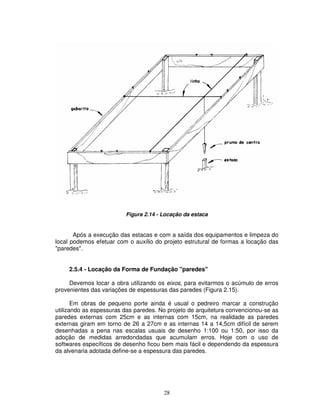 28
Figura 2.14 - Locação da estaca
Após a execução das estacas e com a saída dos equipamentos e limpeza do
local podemos efetuar com o auxílio do projeto estrutural de formas a locação das
"paredes".
2.5.4 - Locação da Forma de Fundação "paredes"
Devemos locar a obra utilizando os eixos, para evitarmos o acúmulo de erros
provenientes das variações de espessuras das paredes (Figura 2.15).
Em obras de pequeno porte ainda é usual o pedreiro marcar a construção
utilizando as espessuras das paredes. No projeto de arquitetura convencionou-se as
paredes externas com 25cm e as internas com 15cm, na realidade as paredes
externas giram em torno de 26 a 27cm e as internas 14 a 14,5cm difícil de serem
desenhadas a pena nas escalas usuais de desenho 1:100 ou 1:50, por isso da
adoção de medidas arredondadas que acumulam erros. Hoje com o uso de
softwares específicos de desenho ficou bem mais fácil e dependendo da espessura
da alvenaria adotada define-se a espessura das paredes.
 