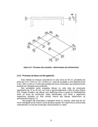 22
Figura 2.6 - Processo dos cavaletes - determinação dos alinhamentos
2.4.2 - Processo da tábua corrida (gabarito)
Este método se executa cravando-se no solo cerca de 50 cm, pontaletes de
pinho de (7,5 x 7,5cm ou 7,5 x 10,0cm) ou varas de eucalipto a uma distância entre
si de 1,50m a 2,0m e a 1,20m das paredes da futura construção, que posteriormente
poderão ser utilizadas para andaimes.
Nos pontaletes serão pregadas tábuas na volta toda da construção
(geralmente de 15 ou 20 cm), em nível e aproximadamente 1,00m do piso (Figura
2.8). Pregos fincados nas tábuas com distâncias entre si iguais às interdistâncias
entre os eixos da construção, todos identificados com letras e algarismos
respectivos pintados na face vertical interna das tábuas, determinam os
alinhamentos (Figura 2.7).
Nos pregos são amarrados e esticados linhas ou arames, cada qual de um
nome interligado ao de mesmo nome da tábua oposta. Em cada linha ou arame está
materializado um eixo da construção. Este processo é o ideal.
 