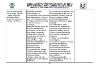 ESCOLA MUNICIPAL VIRTUOSA BERNARDINA DA COSTA
                            ESCOLA MUNICIPAL PROF. ANTONIO THIAGO G. SIMAS
                               FRANCISCO DE ASSIS GOMES – DEDA – francisdeda@hotmail.com


suas representações        valor desconhecido;              • Comparação de grandeza de
(fracionária e decimal);   • Tabuada até 10;                mesma natureza, por meio de
• utilizar diferentes      • números decimais: números      estratégias pessoais e uso de
registros gráficos,        decimais maiores e menores       instrumentos de medida
desenhos, esquemas,        que 1, números decimais e        conhecidos (recipientes,
escritas numéricas.        medidas, décimos, decimais       balanças, metro, trena, régua,
                           e dinheiro; adição e             caixas);
                           subtração;                       • Construção do metro
                           • Frações: leitura, escrita de   quadrado, do centimétrico
                           frações, representação           quadrado, medir a área e o
                           fracionária; fração de uma       perímetro da sala de aula;
                           quantidade; proporção            • Leitura e interpretação de
                           (fração de um número0;           informações contidas em
                           comparação de números            imagens;
                           fracionários; frações            • Coleta e organização de
                           equivalentes; • Adição e         informações;
                           subtração de fração com o        • Criação de registros pessoais
                           mesmo denominador;               para comunicação das
                           • tipos de fração;               informações coletadas;
                           • Números mistos;                • Porcentagens aplicadas a
                           • Simplificação de frações;      situações do cotidiano:
                           • Adição e subtração com         atividade com panfletos de
                           números inteiros, frações e      propaganda, conta de água,
                           números mistos;                  luz, telefone;
                           • Adição e subtração de          • Coleta, organização e
                           frações com denominadores        representação de dados em
                           diferentes;                      tabelas e gráficos.
                                                         126
 