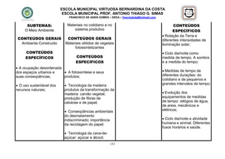 ESCOLA MUNICIPAL VIRTUOSA BERNARDINA DA COSTA
                           ESCOLA MUNICIPAL PROF. ANTONIO THIAGO G. SIMAS
                              FRANCISCO DE ASSIS GOMES – DEDA – francisdeda@hotmail.com


      SUBTEMAS:              Materiais no cotidiano e no                                         CONTEÚDOS
     O Meio Ambiente             sistema produtivo                                              ESPECÍFICOS
                                                                                           Rotação da Terra e
 CONTEÚDOS GERAIS            CONTEÚDOS GERAIS                                             diferentes intensidades de
  Ambiente Construído       Materiais obtidos de vegetais                                 iluminação solar;
                                 fotossintetizantes
     CONTEÚDOS                                                                             Ciclo dia/noite como
     ESPECÍFICOS                  CONTEÚDOS                                               medida de tempo. A sombra
                                  ESPECÍFICOS                                             e a medida do tempo;
 A ocupação desordenada
dos espaços urbanos e     A fotossíntese e seus                                           Medidas de tempo de
suas conseqüências;      produtos;                                                        diferentes durações: do
                                                                                          cotidiano e de pequenos e
 O uso sustentável dos     Tecnologia da madeira:                                       grandes intervalos de tempo;
recursos naturais;         produtos da transformação da
                           madeira: carvão vegetal;                                        Evolução dos
                           produção de fibras de                                          equipamentos de medidas
                           celulose e de papel;                                           de tempo: relógios de água,
                                                                                          de areia, mecânicos e
                            Conseqüências ambientais                                     elétricos;
                           do desmatamento
                           indiscriminado; importância                                     Ciclo dia/noite e atividade
                           da reciclagem do papel;                                        humana e animal. Diferentes
                                                                                          fusos horários e saúde.
                            Tecnologia da cana-de-
                           açúcar: açúcar e álcool;
                                                        153
 