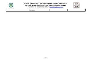ESCOLA MUNICIPAL VIRTUOSA BERNARDINA DA COSTA
 ESCOLA MUNICIPAL PROF. ANTONIO THIAGO G. SIMAS
   FRANCISCO DE ASSIS GOMES – DEDA – francisdeda@hotmail.com

     tempos;




                             177
 