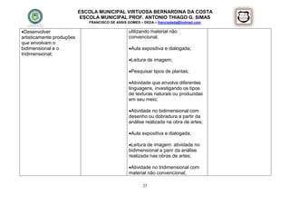 ESCOLA MUNICIPAL VIRTUOSA BERNARDINA DA COSTA
                            ESCOLA MUNICIPAL PROF. ANTONIO THIAGO G. SIMAS
                              FRANCISCO DE ASSIS GOMES – DEDA – francisdeda@hotmail.com

Desenvolver                                      utilizando material não
artisticamente produções                          convencional;
que envolvam o
bidimensional e o                                 Aula expositiva e dialogada;
tridimensional;
                                                  Leitura de imagem;

                                                  Pesquisar tipos de plantas;

                                                  Atividade que envolva diferentes
                                                  linguagens, investigando os tipos
                                                  de texturas naturais ou produzidas
                                                  em seu meio;

                                                  Atividade no bidimensional com
                                                  desenho ou dobradura a partir da
                                                  análise realizada na obra de artes;

                                                  Aula expositiva e dialogada;

                                                  Leitura de imagem: atividade no
                                                  bidimensional a parir da análise
                                                  realizada nas obras de artes;

                                                  Atividade no tridimensional com
                                                  material não convencional;

                                                         25
 