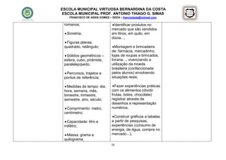 ESCOLA MUNICIPAL VIRTUOSA BERNARDINA DA COSTA
 ESCOLA MUNICIPAL PROF. ANTONIO THIAGO G. SIMAS
    FRANCISCO DE ASSIS GOMES – DEDA – francisdeda@hotmail.com

 romanos;                       Identificar produtos no
                               mercado que são vendidos
  Simetria;                   em litros, em quilo, em
                               dúzia...;
  Figuras planas,
 quadrado, retângulo;            Montagem e brincadeira
                               de: farmácia, mercadinho,
  Sólidos geométricos –       lojas de roupas e brincados,
 esfera, cubo, pirâmide,       livraria..., vivenciando a
 paralelepípedo;               utilização da moeda
                               brasileira (confeccionada
  Percursos, trajetos e       pelos alunos) envolvendo
 pontos de referência;         situações reais;

  Medidas de tempo: dia,       Fazer experiências práticas
 hora, semana, mês,            com os alimentos (dividir
 bimestre, trimestre,          frutas, bolos, chocolate)
 semestre, ano, século;        registrar através de
                               desenhos e representação
  Comprimento: metro,         numérica;
 centímetro;
                                Construir gráficos e tabelas
  Capacidade: litro e         a partir de pesquisas,
 mililitro;                    experiências (consumo de
                               energia, de água, compra no
  Massa: grama e              mercado...);
 quilograma;
                               58
 