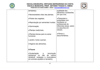 ESCOLA MUNICIPAL VIRTUOSA BERNARDINA DA COSTA
 ESCOLA MUNICIPAL PROF. ANTONIO THIAGO G. SIMAS
    FRANCISCO DE ASSIS GOMES – DEDA – francisdeda@hotmail.com

 terrestres);                             qualidade dos
                                          alimentos e ambientes
  Necessidades vitais das plantas;       em que vive;

  Partes dos vegetais;             Pesquisas e
                                   entrevistas com
  Reprodução por sementes/ mudas; familiares ou
                                   profissionais de
  Germinação;                     diferentes áreas, sobre
                                   os assuntos em
  Plantas medicinais;             estudo;

  Plantas tóxicas para os seres           Filmes e
 humanos;                                 documentários;

  Jardim, horta e pomar;

  Higiene dos alimentos;


 A Fauna

  Sustentação     e      locomoção
 (presença ou não de coluna
 vertebral, carapaça e musculatura
 em animais aquático e terrestre);

                               62
 