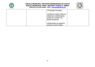 ESCOLA MUNICIPAL VIRTUOSA BERNARDINA DA COSTA
 ESCOLA MUNICIPAL PROF. ANTONIO THIAGO G. SIMAS
   FRANCISCO DE ASSIS GOMES – DEDA – francisdeda@hotmail.com

                               Produção de textos;

                               Coleta de dados sobre as
                              diferentes manifestações
                              artísticas contidas nas
                              festas populares;

                               Elaboração de registros
                              pictóricos sobre festas;




                              66
 