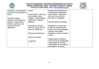 ESCOLA MUNICIPAL VIRTUOSA BERNARDINA DA COSTA
                         ESCOLA MUNICIPAL PROF. ANTONIO THIAGO G. SIMAS
                             FRANCISCO DE ASSIS GOMES – DEDA – francisdeda@hotmail.com

Conhecer a diversidade   vivem;                       próxima reconhecendo as
cultural da comunidade do                              modificações realizadas
bairro;                   Diversidade cultural da     pelo homem, registrando
                          comunidade: etnia,           por meio de escrita de
Ampliar noções           religião, manifestações      desenho ou fotografia;
anteriores de distância e artísticas e culturais,
direção - deslocando o    dialetos...;                 Construção de maquete;
eixo de si próprio para
outros pontos de          Distância e direção:        Pesquisa em diferentes
referência;               perto de, longe de, em       fontes de consulta como:
                          cima de, abaixo de;          jornal, livros, enciclopédias,
                                                       internet, entrevistas,
                           Pontos de referência;      fotografia, mapas simples e
                                                       outros;
                           Tipos de mapas;
                                                       Elaboração de gráficos
                           Legenda;                   como forma de sintetização
                                                       organização de dados,e
                                                       informações com auxílio da
                                                       professora e do grupo;




                                                        68
 