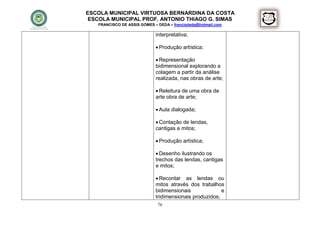 ESCOLA MUNICIPAL VIRTUOSA BERNARDINA DA COSTA
 ESCOLA MUNICIPAL PROF. ANTONIO THIAGO G. SIMAS
   FRANCISCO DE ASSIS GOMES – DEDA – francisdeda@hotmail.com

                             interpretativa;

                              Produção artística;

                              Representação
                             bidimensional explorando a
                             colagem a partir da análise
                             realizada, nas obras de arte;

                              Releitura de uma obra de
                             arte obra de arte;

                              Aula dialogada;

                              Contação de lendas,
                             cantigas e mitos;

                              Produção artística;

                              Desenho ilustrando os
                             trechos das lendas, cantigas
                             e mitos;

                              Recontar as lendas ou
                             mitos através dos trabalhos
                             bidimensionais              e
                             tridimensionais produzidos;
                              76
 