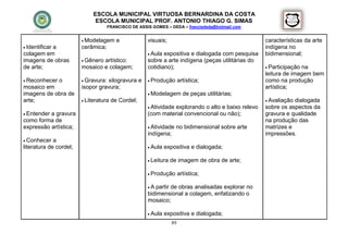 ESCOLA MUNICIPAL VIRTUOSA BERNARDINA DA COSTA
                              ESCOLA MUNICIPAL PROF. ANTONIO THIAGO G. SIMAS
                                     FRANCISCO DE ASSIS GOMES – DEDA – francisdeda@hotmail.com


                         Modelagem      e            visuais;                                      características da arte
 Identificar
          a             cerâmica;                                                                   indígena no
colagem em                                             Aula expositiva e dialogada com pesquisa    bidimensional;
imagens de obras         Gêneroartístico:            sobre a arte indígena (peças utilitárias do
de arte;                mosaico e colagem;            cotidiano);                                    Participaçãona
                                                                                                    leitura de imagem bem
 Reconhecer    o        Gravura:xilogravura e        Produção       artística;                   como na produção
mosaico em              isopor gravura;                                                             artística;
imagens de obra de                                     Modelagem        de peças utilitárias;
arte;                    Literatura   de Cordel;                                                    Avaliaçãodialogada
                                                       Atividade
                                                                explorando o alto e baixo relevo    sobre os aspectos da
 Entendera gravura                                   (com material convencional ou não);           gravura e qualidade
como forma de                                                                                       na produção das
expressão artística;                                   Atividade   no bidimensional sobre arte     matrizes e
                                                      indígena;                                     impressões.
 Conhecer   a
literatura de cordel;                                  Aula   expositiva e dialogada;

                                                       Leitura   de imagem de obra de arte;

                                                       Produção       artística;

                                                      A partir de obras analisadas explorar no
                                                      bidimensional a colagem, enfatizando o
                                                      mosaico;

                                                       Aula   expositiva e dialogada;
                                                                  89
 