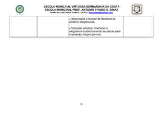 ESCOLA MUNICIPAL VIRTUOSA BERNARDINA DA COSTA
 ESCOLA MUNICIPAL PROF. ANTONIO THIAGO G. SIMAS
   FRANCISCO DE ASSIS GOMES – DEDA – francisdeda@hotmail.com


                     Observação   e análise da literatura de
                    cordel e xilogravuras;

                     Produção  artística; Conhecer a
                    xilogravura confeccionando as placas para
                    impressão; Isopor gravura;




                              90
 