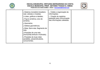 ESCOLA MUNICIPAL VIRTUOSA BERNARDINA DA COSTA
     ESCOLA MUNICIPAL PROF. ANTONIO THIAGO G. SIMAS
          FRANCISCO DE ASSIS GOMES – DEDA – francisdeda@hotmail.com


 Sistema monetário brasileiro:        Coleta e organização de
real, cédulas e moedas;              informações;
 Listas, gráficos e tabelas;         Criação de registros

 Figura simétrica, eixo de          pessoais para comunicação
simetria;                            das informações coletadas.
 Geometria;

 Sólidos geométricos;
 Reta; Semi-reta; Segmento de
reta;
 Posições de uma reta
(horizontal,vertical e inclinada);
 Posições de duas retas
paralelas, perpendiculares,
concorrentes.




                                     99
 