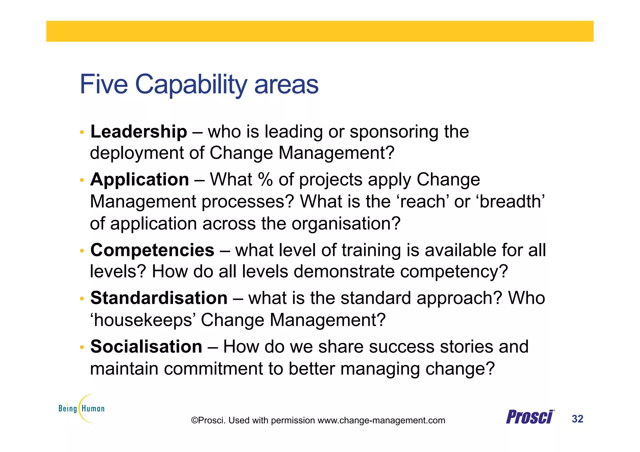 Five Capability areas
•  Leadership – who is leading or sponsoring the
deployment of Change Management?
•  Application – What % of projects apply Change
Management processes? What is the ‘reach’ or ‘breadth’
of application across the organisation?
•  Competencies – what level of training is available for all
levels? How do all levels demonstrate competency?
•  Standardisation – what is the standard approach? Who
‘housekeeps’ Change Management?
•  Socialisation – How do we share success stories and
maintain commitment to better managing change?
32©Prosci. Used with permission www.change-management.com
 