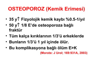 OSTEOPOROZ (Kemik Erimesi) 35 y   Fizyolojik kemik kaybı %0.5-1/yıl 50 y   1/8 E’de osteoporoza bağlı fraktür Tüm kalça kırıklarının 1/3’ü erkeklerde Bunların 1/3’ü 1 yıl içinde ölür. Bu komplikasyona bağlı ölüm E>K (Morote: J Urol; 169:931A, 2003) 