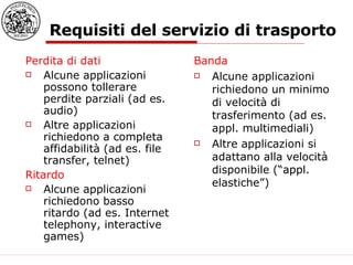 Requisiti del servizio di trasporto Perdita di dati Alcune applicazioni possono tollerare perdite parziali (ad es. audio) Altre applicazioni richiedono a completa affidabilità (ad es. file transfer, telnet)  Ritardo Alcune applicazioni richiedono basso ritardo (ad es. Internet telephony, interactive games) Banda Alcune applicazioni richiedono un minimo di velocità di trasferimento (ad es. appl. multimediali)  Altre applicazioni si adattano alla velocità disponibile (“appl. elastiche”) 