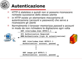 Autenticazione HTTP è  stateless  e quindi non si possono riconoscere richieste successive dello stesso utente in HTTP esiste un elementare meccanismo di autenticazione ( account e password ) che serve a riconoscere gli utenti Normalmente il browser memorizza  passwd  e  account  in modo da non richiedere la digitazione ogni volta GET /ntw/index.html HTTP/1.1  401 Authorization Required WWW-Authenticate:[tipo di autenticazione]  GET /ntw/index.html HTTP/1.1 Authorization: account, passwd  GET image.gif HTTP/1.1 Authorization: account, passwd  . . . 