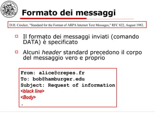 Formato dei messaggi Il formato dei messaggi inviati (comando DATA) è specificato Alcuni  header  standard precedono il corpo del messaggio vero e proprio D.H. Crocker, "Standard for the Format of ARPA Internet Text Messages," RFC 822, August 1982 .  From: alice@crepes.fr   To: bob@hamburger.edu   Subject: Request of information <black line>   <Body> .   