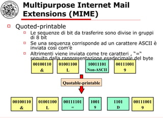 Multipurpose Internet Mail Extensions (MIME)  Quoted-printable Le sequenze di bit da trasferire sono divise in gruppi di 8 bit Se una sequenza corrisponde ad un carattere ASCII è inviata così com’è  Altrimenti viene inviata come tre caratteri , “=“ seguito dalla rappresentazione esadecimale del byte 00100110 & 01001100 L 10011101 Non-ASCII Quotable-printable 00111001 9 00100110 & 01001100 L 00111101 = 00111001 9 1001 9 1101 D 