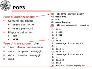 POP3 Fase di autorizzazione Comandi del client:  user:  username pass:  password Risposte del server: +OK -ERR Fase di transazione,  client: list:  elenca numero mess. retr:  recupera messaggio dele:  cancella messaggio quit C: list  S: 1 498  S: 2 912  S: .  C: retr 1  S: <message 1 contents> S: .  C: dele 1  C: retr 2  S: <message 1 contents> S: .  C: dele 2  C: quit  S: +OK  POP3 server signing off S: +OK POP3 server ready  C: user bob  S: +OK  C: pass hungry  S: +OK  user successfully logged on 