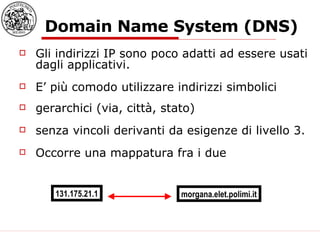 Domain Name System (DNS) Gli indirizzi IP sono poco adatti ad essere usati dagli applicativi.  E’ più comodo utilizzare indirizzi simbolici gerarchici (via, città, stato)  senza vincoli derivanti da esigenze di livello 3. Occorre una mappatura fra i due 131.175.21.1 morgana.elet.polimi.it 
